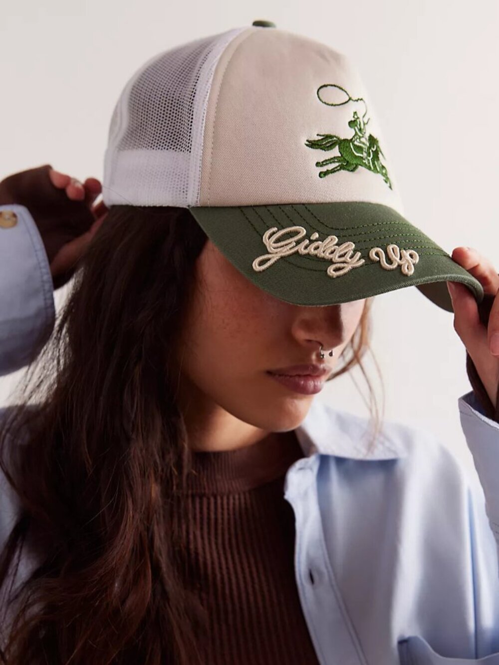 Free People Giddy Up Trucker Hat in Cream/Green - Picture 2 of 9